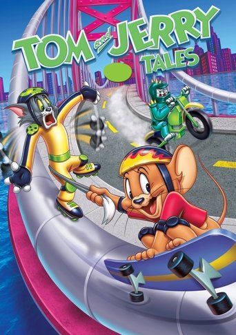 A cartoon action scene features Tom Jerry riding a skateboard while chasing a robot and a motorcycle. The vibrant colors of pink, purple, and blue create a dynamic and energetic atmosphere.