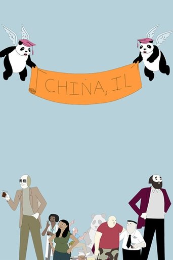 This cartoon poster depicts a lively scene with diverse characters in a light blue background. The main banner reads "CHINA, IL" in bold orange letters, flanked by panda characters wearing pink hats. Below, a group of diverse people gather, some holding signs, suggesting a community event or cele...