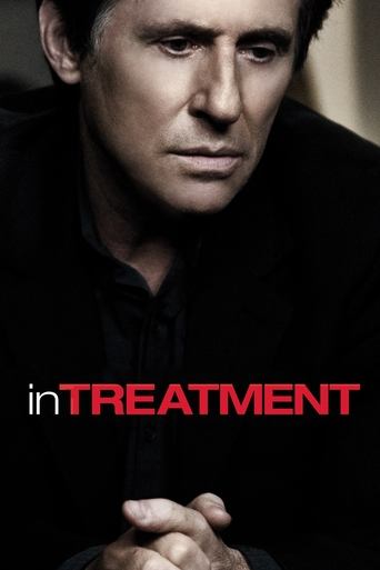 The poster features a somber, intense portrait of a man in black against a dark background, conveying a serious and dramatic mood. The title "in TREATMENT" is prominently displayed in bold red letters, emphasizing the show's intense and serious tone.