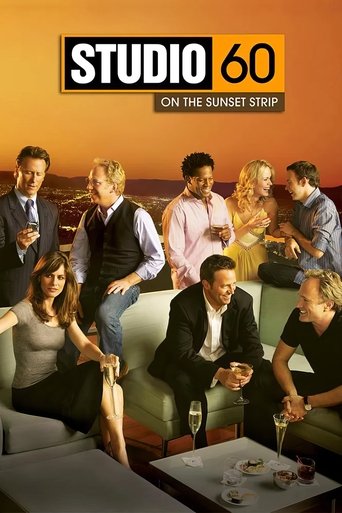 The poster features a vibrant group of actors in a cozy, sunlit living room setting, exuding a relaxed and friendly atmosphere. Warm orange and yellow tones create a nostalgic, inviting mood, while the bold "Studio 60" title anchors the composition.