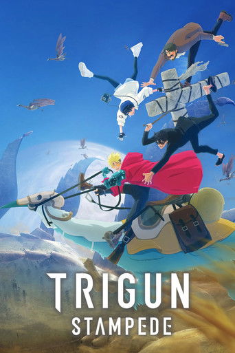 The poster depicts a chaotic scene with characters in mid-air, their bodies twisted and floating against a vibrant blue sky. The colors are vivid, with bright blues, reds, and yellows creating a dynamic and energetic atmosphere. The title "TRIGUN STAMPEDE" is prominently displayed at the bottom, ...
