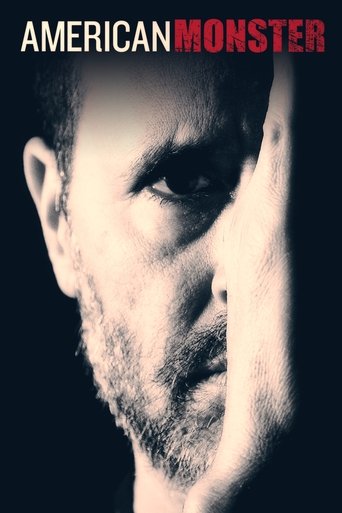 The poster features a close-up of a man's face, his eyes narrowed and mouth slightly open, conveying a sense of mystery and tension. The dark background contrasts sharply with the red text "AMERICAN MONSTER" at the top, creating a dramatic and ominous atmosphere.