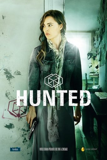 The poster features a woman in a dark coat standing in a dimly lit, dilapidated room with peeling paint. The muted green and gray tones evoke a somber, eerie atmosphere. The word "HUNTED" is prominently displayed in bold white letters, suggesting a suspenseful and dramatic tone.