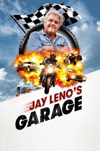 The poster features a smiling Jay Leno in a blue shirt, framed by a checkered flag and racing helmet. Below him, dynamic action shots of cars speeding through flames and explosions create an energetic, high-energy atmosphere. The bold red and black text "Jay Leno's Garage" dominates the bottom, e...
