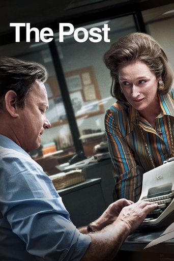 The Post poster captures a nostalgic scene with a man in a blue shirt and a woman in a striped blouse, both engaged in a conversation at a newspaper desk. The warm lighting and vintage aesthetic evoke a sense of mid-20th-century Americana, while the muted tones of the clothing and background sugg...