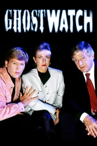 The poster features three men in formal attire against a stark black background, creating a mysterious and suspenseful atmosphere. Their serious expressions and professional attire suggest a serious drama or thriller. The bold, white title "GHOSTWATCH" dominates the top, emphasizing the film's su...
