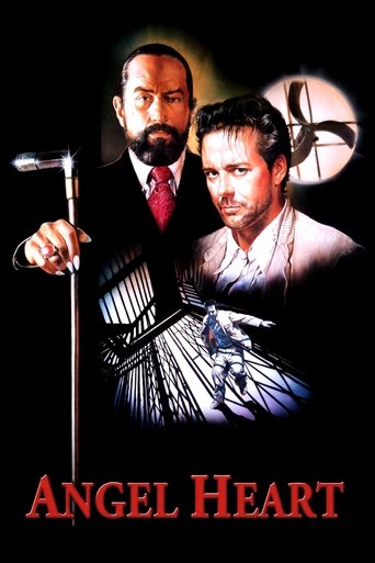 The poster features two men in dramatic poses against a dark background, with one holding a microphone and the other looking intense. The red title "Angel Heart" stands out, evoking a sense of mystery and drama.