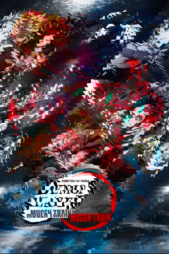 The poster features a dynamic scene with multiple characters in action, including a red-haired boy wielding a sword and a young woman with dark hair. The background is filled with swirling red energy and mystical elements, creating an intense and dramatic atmosphere. The title "Demon Slayer - Kim...