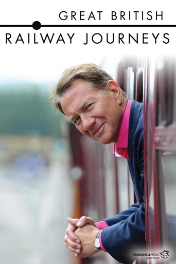 The poster features a smiling man in a blue sweater against a blurred railway backdrop, evoking a nostalgic, warm mood. The bold text "Great British Railway Journeys" anchors the design, suggesting a journey through the UK's historic railways.