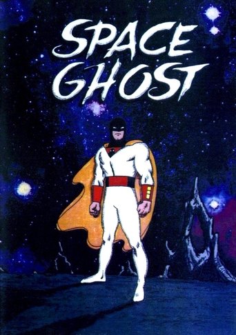 The poster features a dynamic Space Ghost in a white suit with red accents, standing confidently against a starry, cosmic backdrop. The title "SPACE GHOST" is prominently displayed in bold, white lettering. The mood is adventurous and adventurous, capturing the essence of the classic cartoon series.