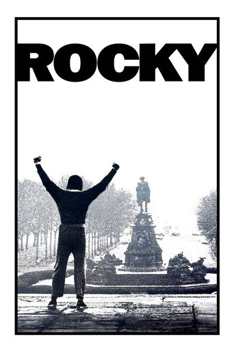The poster features a man with arms raised in victory, set against a misty, serene landscape with a statue in the background. The bold black text "ROCKY" dominates the top, emphasizing the film's gritty yet uplifting tone.