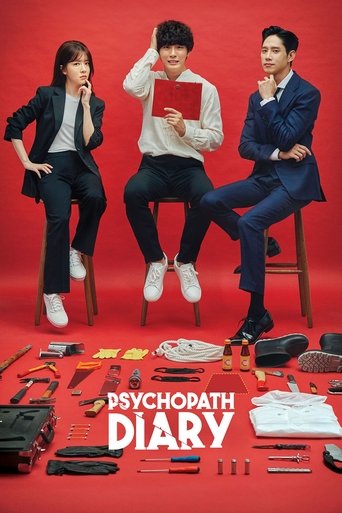 The poster features three individuals in formal attire against a vibrant red background, exuding a mix of professional and mysterious tones. The central figure holds a red folder, suggesting a diary or journal, while the others sit casually, hinting at a narrative of intrigue and psychological de...