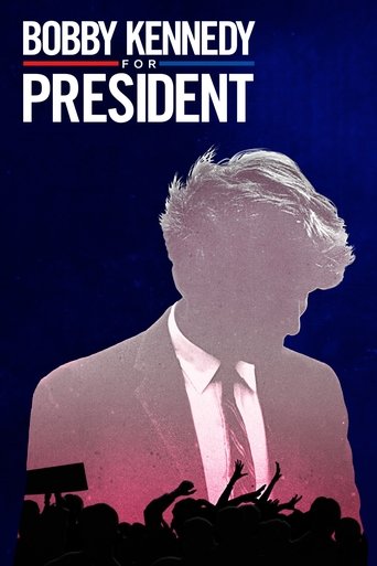 The poster features a silhouetted figure of Bobby Kennedy against a dramatic blue background with red accents. The crowd below is depicted in silhouette with raised hands, suggesting a passionate and energetic atmosphere. The bold text announces his candidacy for president, emphasizing his role a...