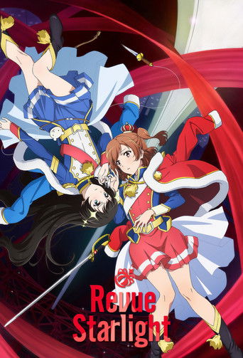 The poster features a vibrant anime-style scene with two characters in dynamic poses, surrounded by swirling red and blue energy effects. The central figure wears a red outfit with white trim, while the background includes a character in a blue dress. The overall mood is energetic and magical, wi...