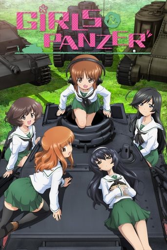 The poster features five anime-style girls in school uniforms with green skirts and white blouses, sitting on the hood of a military tank. The vibrant green background contrasts with the dark tank, creating a striking visual. The mood is playful and adventurous, suggesting a mix of school life an...