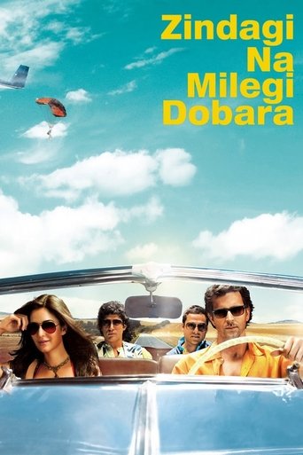 The poster features a vibrant blue sky with fluffy white clouds and a colorful kite soaring overhead. Four people are seated in a classic car, dressed in summer attire, exuding a carefree, sunny mood. The bright yellow text at the top reads "Zindagi Na Milegi Dobara" in bold, eye-catching font.