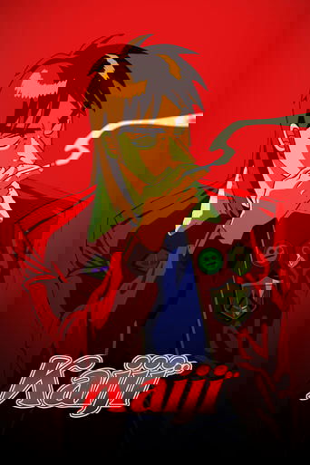 This anime poster features a dramatic, action-oriented scene with a character in a red jacket against a bold red background. The mood is intense and gritty, capturing the essence of the series' high-stakes action and suspenseful tone.