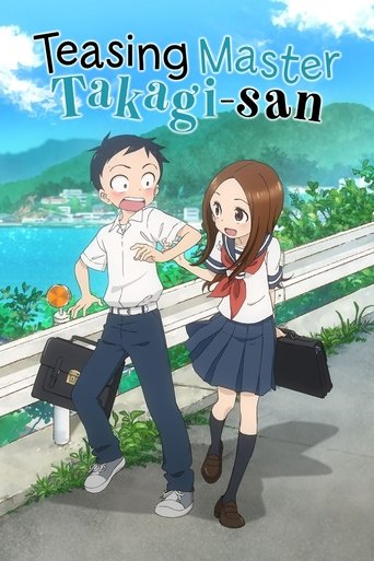 The poster features two anime-style characters—a boy and a girl—standing on a sunny day by a waterfront. The boy wears a white shirt and blue pants, while the girl sports a red scarf and blue skirt. Both carry briefcases, suggesting a school setting. The background shows lush green hills and a br...