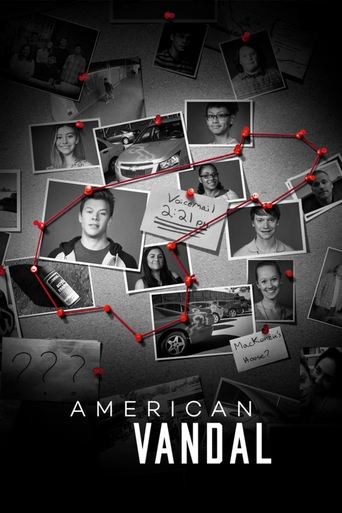 The poster features a collage of black-and-white portraits with red connection lines, evoking a mysterious and suspenseful atmosphere. The title "American Vandal" is prominently displayed in bold white letters at the bottom.