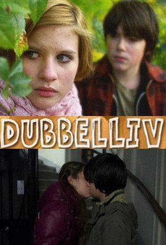 This poster for "Double Life" features a tender moment between two young people, with warm tones of red and green creating a cozy atmosphere. The title "DUBBELIV" stands out in bold letters, suggesting a story about two lives intertwined.
