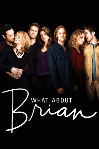 The poster features a group of six characters against a stark black background, with warm lighting highlighting their faces. The title "What About Brian" is elegantly written in white script at the bottom. The mood is intimate yet mysterious, suggesting a drama with emotional depth.