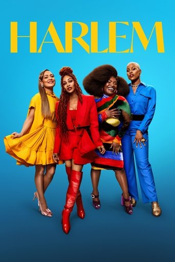 This vibrant poster features four stylish women in bold, colorful outfits against a bright blue background, exuding confidence and energy. The title "Harlem" is prominently displayed in large yellow letters, setting a lively and iconic tone.