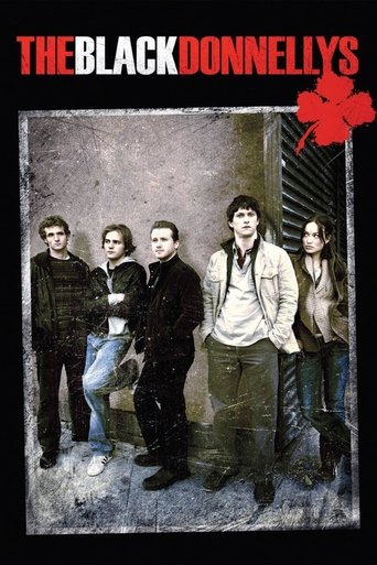 The Black Donnellys poster features five young men in a gritty, urban setting with muted tones and a somber mood. The red logo adds a pop of color against the dark background, emphasizing the band's identity.