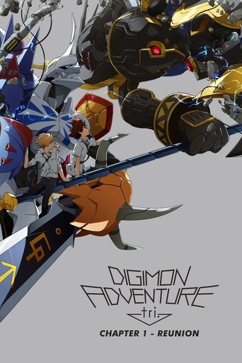 The poster features a dynamic scene with multiple Digimon characters in action, including a prominent orange Digimon and a large golden one. The colors are vibrant, with blues, reds, and yellows creating an energetic atmosphere. The mood is adventurous and exciting, capturing the essence of the D...