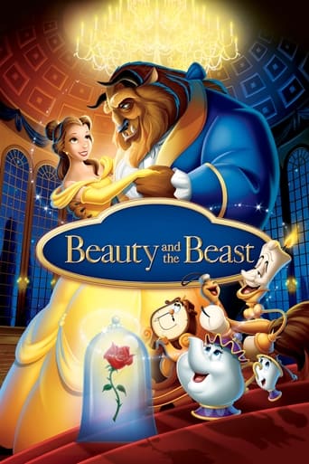 The poster features Belle and the Beast in a romantic embrace, with Belle in her golden gown and Beast in his royal blue tunic. A rose in a glass vase sits in the foreground, symbolizing love and hope. The warm lighting and elegant colors evoke a magical, enchanting mood that captures the timeles...