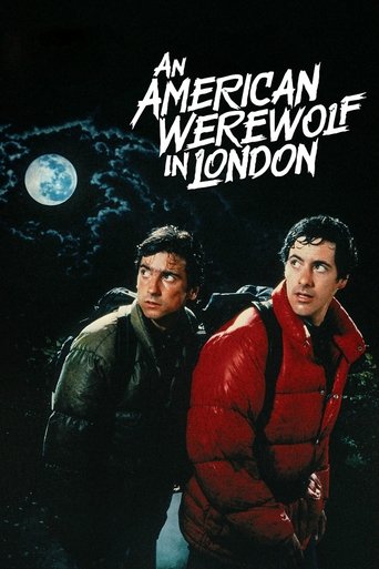The poster features two men in a dramatic, moody atmosphere against a dark, starry night sky. One man wears a black jacket while the other sports a red puffer jacket, creating a striking contrast. The title "An American Werewolf in London" is prominently displayed at the top in bold, white letter...