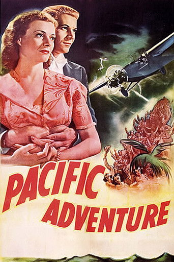 A vintage movie poster for "Pacific Adventure" features a woman in a pink dress and a man in a suit, both looking forward with anticipation. The background is filled with dramatic colors—greens, oranges, and yellows—suggesting an adventurous or thrilling atmosphere. The title "Pacific Adventure" ...