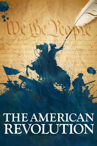 The poster features silhouettes of figures in dynamic poses against a textured, parchment-like background. The muted blue tones contrast with the warm, aged hues of the paper, evoking a historical atmosphere. The title "We the People" and "The American Revolution" are prominently displayed, sugge...