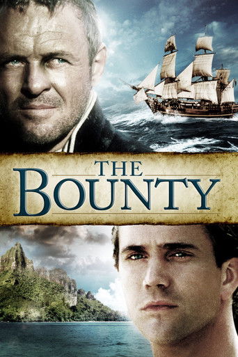 The Bounty poster features a rugged, intense portrait of a man against a dramatic backdrop of a ship sailing through turbulent waters. The title "The Bounty" is prominently displayed in bold, golden lettering, evoking a sense of adventure and historical intrigue. The overall composition blends el...
