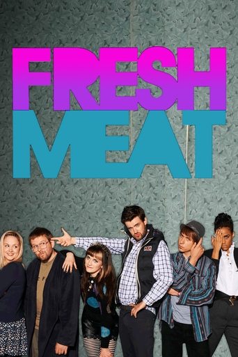 The poster features a group of six individuals posing against a textured gray background, with the bold, colorful title "FRESH MEAT" prominently displayed above them. The vibrant pink and blue text contrasts sharply with the muted tones of the characters, creating a dynamic and energetic visual t...
