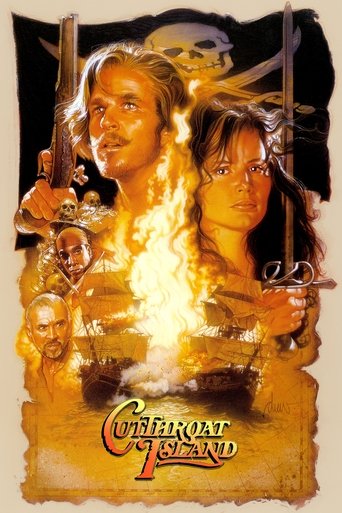 The poster features a dramatic scene with a man and woman holding pistols against a pirate flag backdrop. A skull and crossbones symbolize danger and adventure. Flames engulf the central figures, suggesting a perilous journey. The title "Cutthroat Island" is prominently displayed at the bottom in...