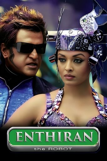 The poster features a man in sunglasses and a woman in a vibrant purple outfit with intricate patterns, set against a blurred background. The title "Enthiran" is prominently displayed in green text, conveying a mysterious and dramatic atmosphere.
