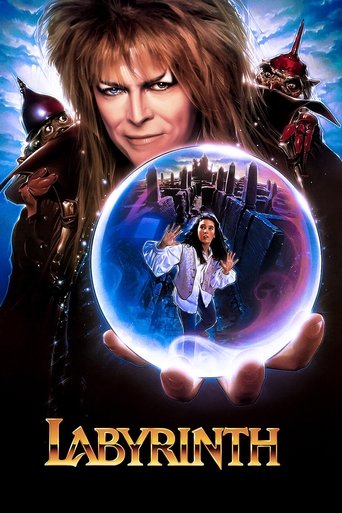 The poster features a dramatic scene with a central figure in a glowing blue crystal sphere, surrounded by dark, mysterious figures. The vibrant blue and purple hues create an eerie, magical atmosphere, while the title "Labyrinth" is prominently displayed at the bottom.