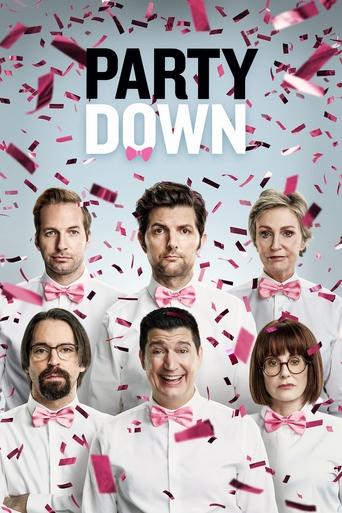 The poster features five men in matching white shirts and pink bow ties, surrounded by falling confetti. The bold text "PARTY DOWN" dominates the top, suggesting a lively, celebratory atmosphere. The overall mood is energetic and fun, capturing the essence of a group outing or party.