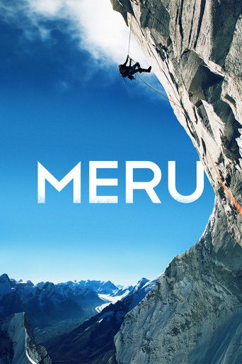The poster features a dramatic mountainous landscape with a climber suspended in mid-air, emphasizing the perilous nature of the climb. The sky is a vivid blue, contrasting with the rugged, rocky textures of the mountain. The word "MERU" is prominently displayed in bold white letters, suggesting ...