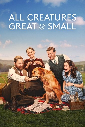 The poster features a group of four people and a golden retriever on a picnic blanket under a bright blue sky. The warm tones of the clothing and the golden fur of the dog create a cozy, nostalgic atmosphere. The title "All Creatures Great & Small" is prominently displayed at the top, suggesting ...