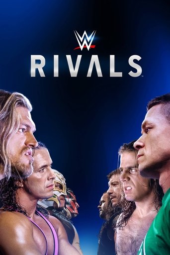 The poster features a dramatic, intense atmosphere with two wrestlers in the foreground, one with long blonde hair and the other with short hair, both looking forward with serious expressions. The background is a deep blue gradient, and the title "Rivals" is prominently displayed in bold white le...