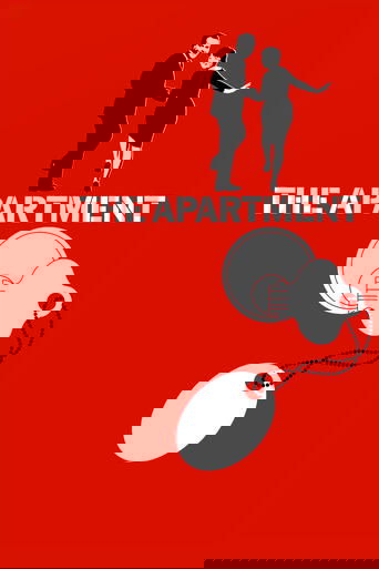 The red background contrasts sharply with the black silhouette of a couple dancing, evoking a sense of passion and movement. The white text "THE APARTMENT" stands out boldly against the vibrant backdrop, suggesting a story set in a small, intimate space. The playful, abstract white shapes below h...