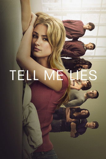 The poster features a blonde woman with her hand raised against a wall, surrounded by a surreal, distorted scene of people in various poses. The muted tones and dramatic lighting create an eerie, suspenseful mood, hinting at the show's themes of deception and hidden truths.