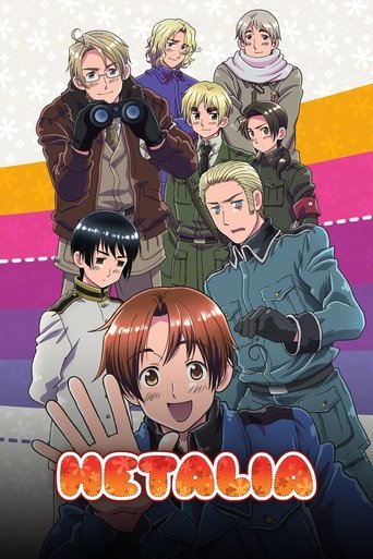 This vibrant poster showcases the beloved "Hetalia" anime cast against a colorful, dynamic background. The characters are depicted in various outfits, exuding a playful and energetic mood. The bright orange and pink hues create a lively atmosphere, while the bold title "Hetalia" anchors the compo...