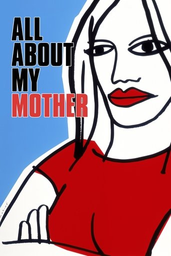 The poster features a stylized illustration of a woman with long hair, wearing a red shirt against a blue background. Bold text reads "ALL ABOUT MY MOTHER" in black and red. The image conveys a sense of nostalgia and emotional depth, suggesting themes of family and personal growth.