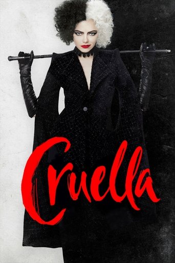 The poster features a striking woman with voluminous black and white hair, wearing a dark, textured coat against a stark black background. Her bold red lipstick and dramatic makeup emphasize her commanding presence. The word "Cruella" in flowing red script dominates the lower portion, adding an e...