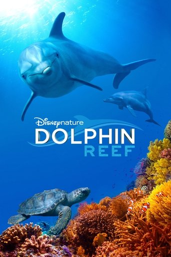 This underwater movie poster features a serene ocean scene with dolphins swimming gracefully above vibrant coral reefs. The film's title, "Dolphin Reef," is prominently displayed in bold blue letters, emphasizing the movie's focus on marine life. The overall mood is peaceful and inviting, capturi...