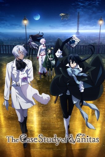 The poster features a dramatic scene with a young man in a white coat and a woman in black, standing on a reflective wooden dock under a twilight sky. A mysterious figure in green looms in the background, while a flying saucer hovers above. The cool blues and warm yellows of the water and sky cre...