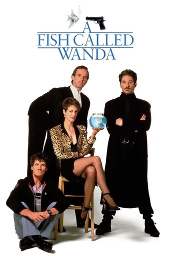 The poster features a group of five actors in formal attire against a stark white background. The central figure, a woman in a shimmering gold dress, holds a blue object, drawing attention to her. The other characters, dressed in black suits and coats, stand or sit casually, creating a contrast b...