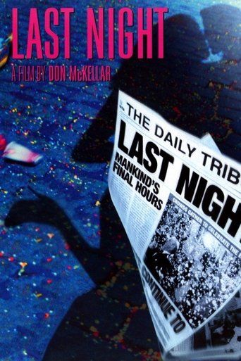 The poster features a dark, moody scene with a figure in a black suit against a deep blue background. The title "Last Night" is prominently displayed in bold pink letters, while the tagline "The Daily Tribune" hints at a newspaper connection. The overall mood is mysterious and suspenseful, evokin...